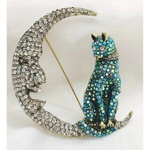Crystal Cat On The Moon Brooch Blue Crystal Pin Vintage Style NWT‎